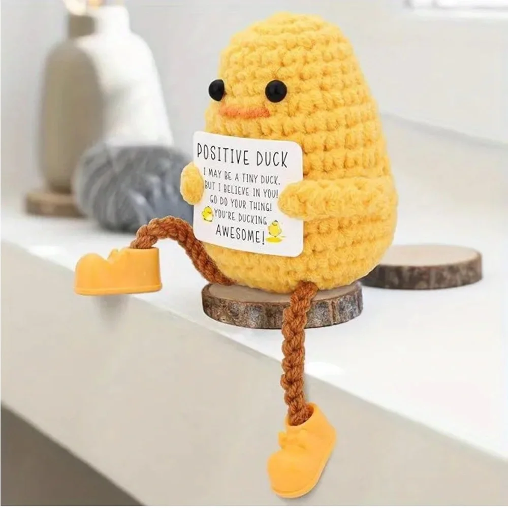 Mini Yellow Crochet Duck Plush with Inspirational Sign and Dangle Feet